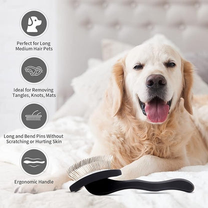 Dog Slicker Brush for Shedding and Grooming Medium or Long Haired Cats, Extra Long &amp; Soft Pin Slicker Brush for Removes Loose Hair, Tangles, Knots, Undercoat, Free Pet Comb, Large Black