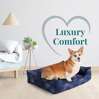 Orthopedic Bolster Dog Bed – CertiPUR-US Foam, Recycled Polyester Canvas, Washable Cover, Anti-Slip Bottom, Large, Navy Plaid – Stylish Designer Dog Sofa
