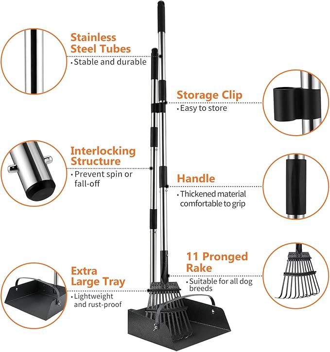 Toozey Unbreakable Dog Pooper Scooper with Extra Large Stainless Metal Poop Tray &amp; 43.31" Long Handle Rake Scoop, Easy Waste Cleanup for Large, Medium, Small Dogs with 20 Bags