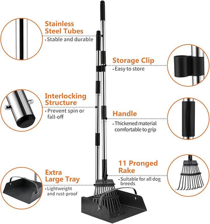 Toozey Unbreakable Dog Pooper Scooper with Extra Large Stainless Metal Poop Tray &amp; 43.31" Long Handle Rake Scoop, Easy Waste Cleanup for Large, Medium, Small Dogs with 20 Bags