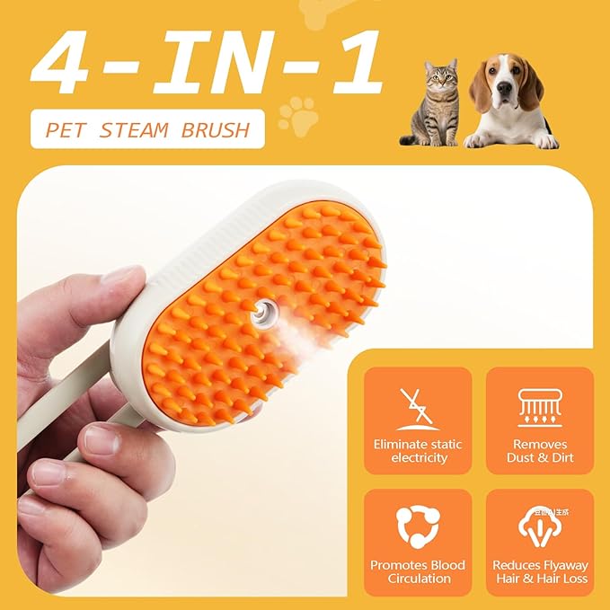 Cat Steam Brush for Shedding, 4 in 1 Rechargeable Pet Steam Brush Set for Dogs &amp; Cats, Pet Spray Hair Removal Comb with Waterless Shampoo, Anti-Static, Massage, Cleaning &amp; Combing All in One