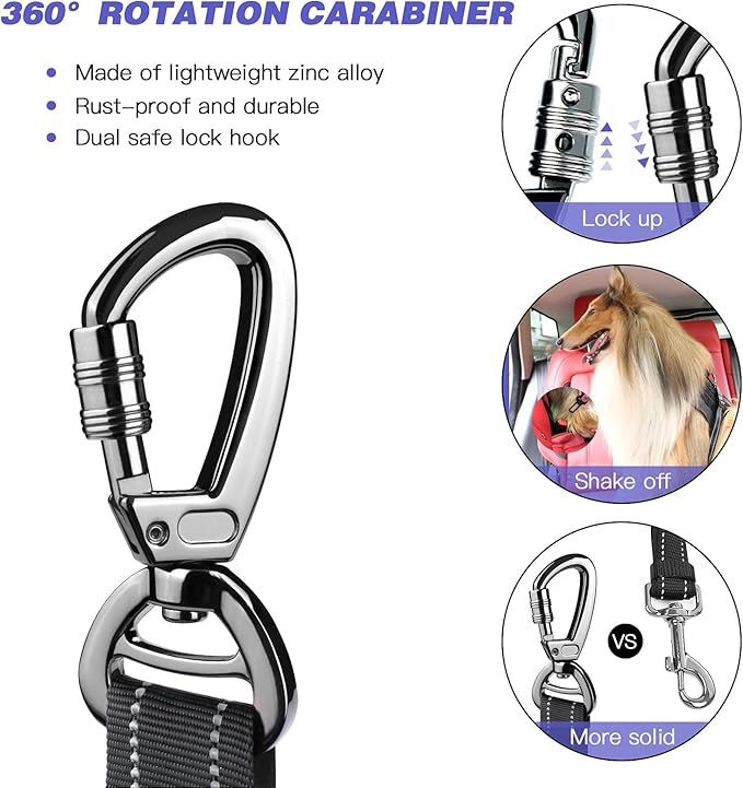 AUBELL Dog Seat Belt for Car,2 Pack Set 3-in-1 Adjustable Reflective Bungee Heavy Duty Dog Car Harness Tether with Clip Hook Latch &amp; Buckle,Swivel Zinc Alloy Carabiner,Black+Black