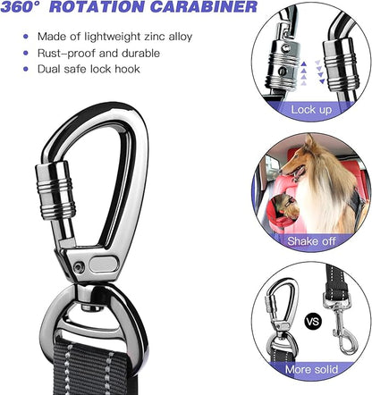 AUBELL Dog Seat Belt for Car,2 Pack Set 3-in-1 Adjustable Reflective Bungee Heavy Duty Dog Car Harness Tether with Clip Hook Latch &amp; Buckle,Swivel Zinc Alloy Carabiner,Black+Black