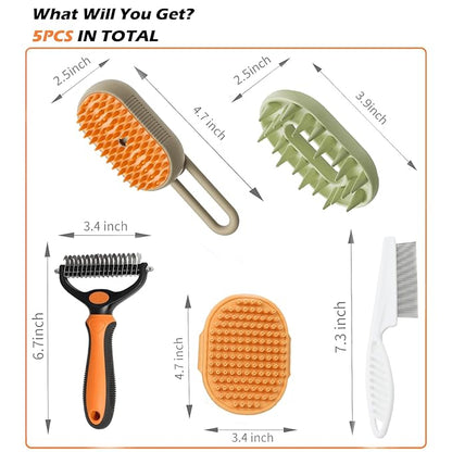 5 Pack Pet Steam Brush Kit – Pet Water Brush for Cats Shedding – Includes Steam Brushes, Undercoat Rake, Massage &amp; Flea Comb for Cats and Dogs - Matted Fur Dematting Tool