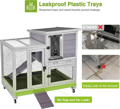GUTINNEEN Two-Story Rabbit Hutch Large Bunny Cage with Wire Mesh Floor, Leak-Proof Trays, Lockable Wheels for Indoor and Outdoor Use, 40.6" L x 26" W x 37.6" H