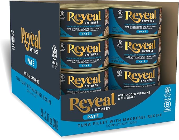 Reveal Entrées Natural Wet Cat Food Paté, Grain-Free with Added Vitamins &amp; Minerals, Carrageenan-Free Tuna Fillet with Mackerel Paté Recipe (24 x 2.47 oz Cans)