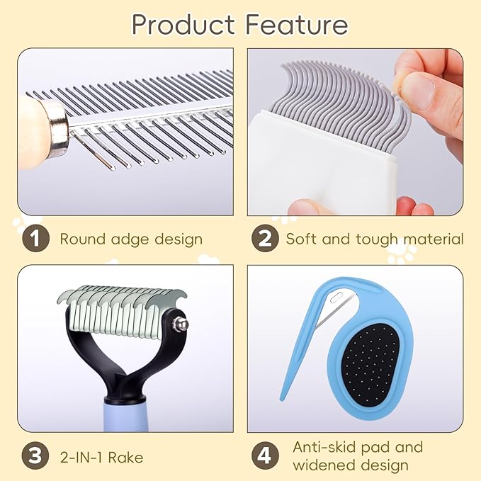 Upgraded All-in-One Pet Grooming Kit – Includes Detangling, Shedding, Dual-Sided &amp; Massaging Tools, Ergonomic Non-Slip Handle, Safe for Cats &amp; Dogs