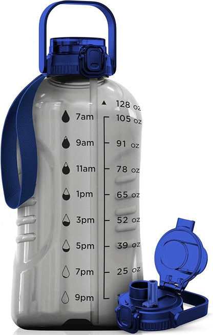 AQUAFIT 128 oz Water Bottle with Time Marker - 2in1 Straw &amp; Chug Lid - BPA Free Big Jug with Straw - Gym Water Bottle with Strap (128 Ounces, Clarity)