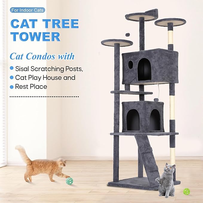 FDW Cat Tree Tower 81in Multi-Level Durable Cat Scratching Post &amp; Cozy Fun Jumping Platform Space Saving Condo Pet Play House for Indoor Cats,Dark Gray