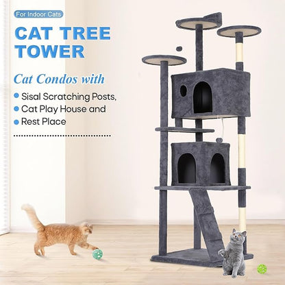 FDW Cat Tree Tower 81in Multi-Level Durable Cat Scratching Post &amp; Cozy Fun Jumping Platform Space Saving Condo Pet Play House for Indoor Cats,Dark Gray