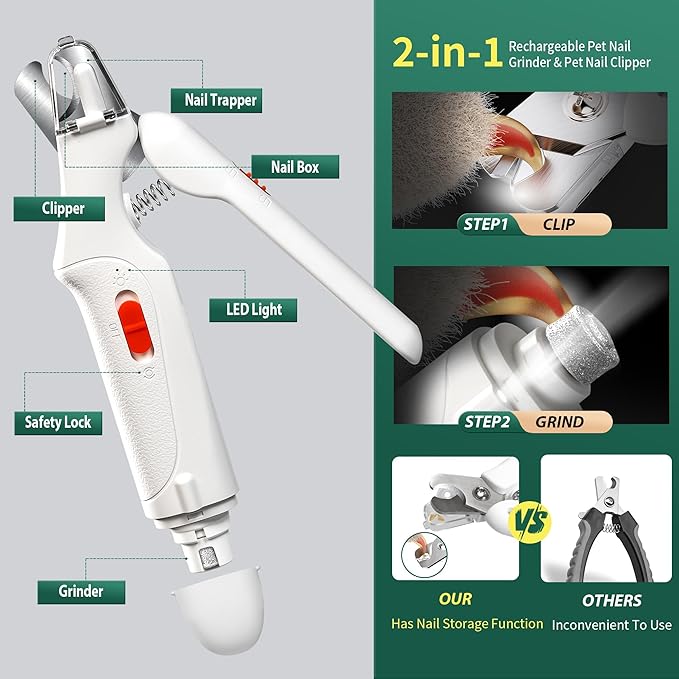 2 in 1 Dog Nail Clippers &amp; Cat Nail Clippers Trimmers for Large Medium Small Dogs Cats Claw Trimmer Quick Sensor and Safety Guard USB Rechargeable Dogs Nail Trimmer with Catcher &amp; 2 LED Lights