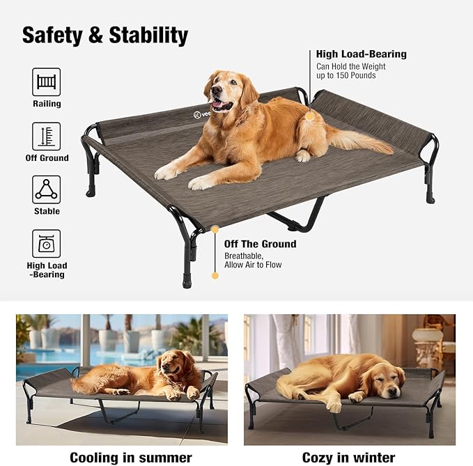 Veehoo Cooling Elevated Dog Bed, XL Raised Pet Cot with Guardrail &amp; Slope Headrest, Durable Breathable Teslin Mesh, Non-Slip Feet, Washable Dog Couch Bed for Indoor &amp; Outdoor, 50.5" x 33.5, Brown