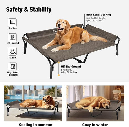 Veehoo Cooling Elevated Dog Bed, XL Raised Pet Cot with Guardrail &amp; Slope Headrest, Durable Breathable Teslin Mesh, Non-Slip Feet, Washable Dog Couch Bed for Indoor &amp; Outdoor, 50.5" x 33.5, Brown
