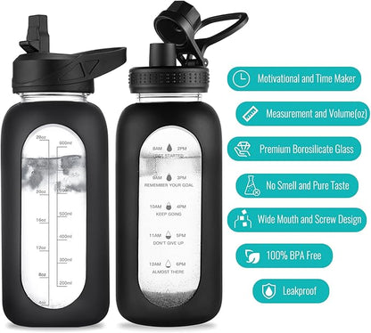32 oz Glass Water Bottle with Straw and Handle, Sports Motivational Water Flask with Silicone Sleeve, Large Leakproof Water Flask Cup with Time Marker for Travel, Gym, Navy