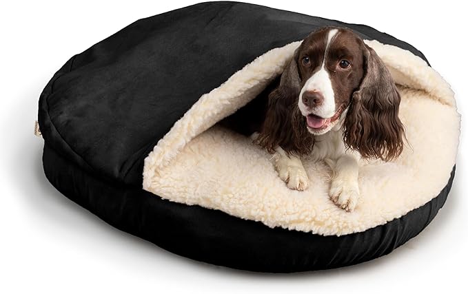 Snoozer Luxury Cozy Cave Dog Bed - Indoor Dog Bed with Cover Cave, Covered Calming Burrow for Small &amp; Medium Sized Pets with Blanket Attached, Enclosed, Washable - Large, Black