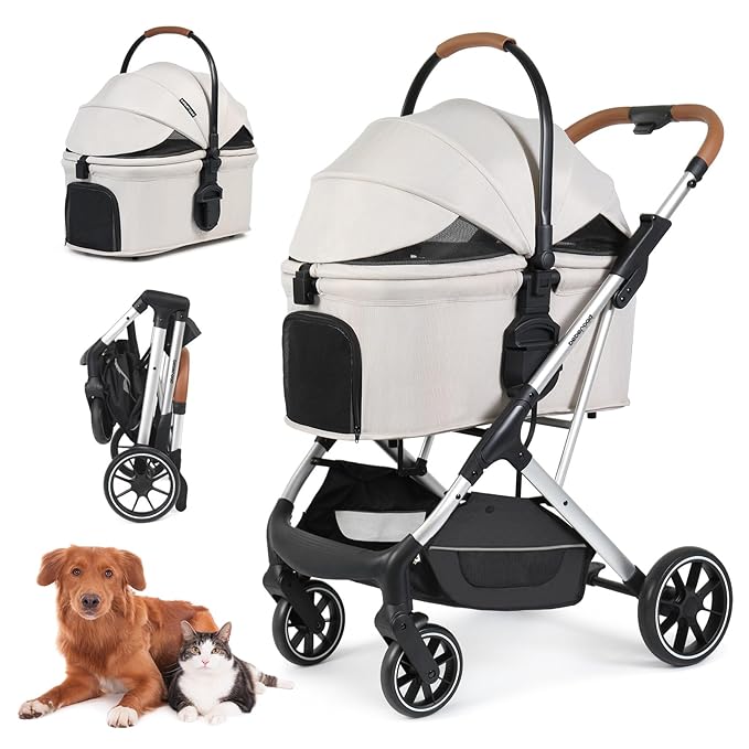 T6 Luxury Pet Stroller for Medium Dogs Up to 66lbs or 2 Small Pets – 3-in-1 Dog &amp; Cat Stroller with Removable Carrier, Foldable &amp; Lightweight (Beige)