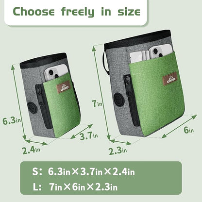 Upgraded large-sized Dog Treat Pouch with waist clip - Fashionable Green&amp;Grey Design - Large Capacity Dog Treat Bag for Dog Walks,Outdoor Activities, Travel and Training - Includes 1 Poop Bags