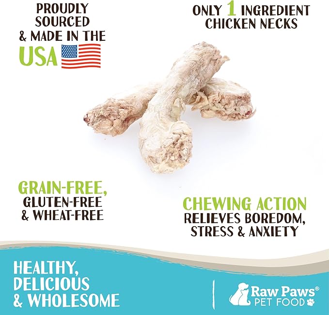 Raw Paws Freeze-Dried Chicken Necks for Dogs &amp; Cats (4-Ounce) - Made in USA - Raw Freeze Dried Dog Treats - Chicken Necks for Cats - Single Ingredient Chews