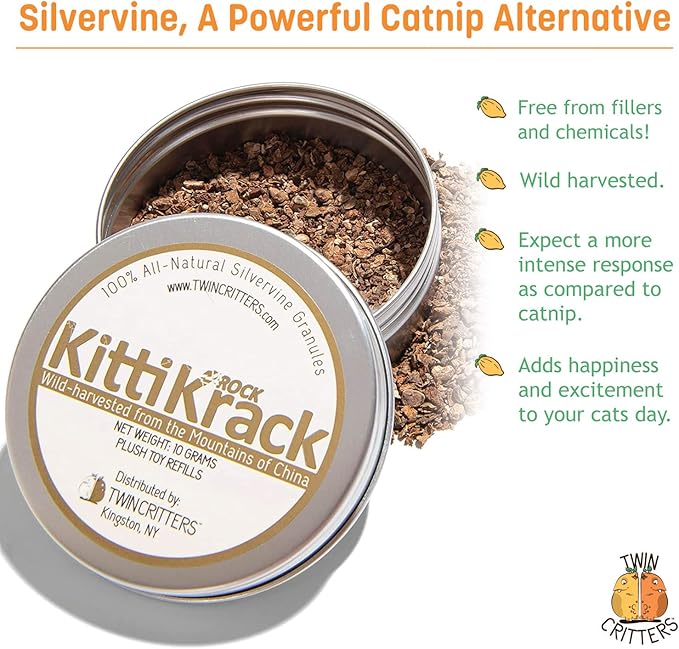 KittiKrack Rock Organic Silvervine Catnip Substitute for Cats &amp; Kittens | All-Natural Wild Harvested Silvervine Granules | 4 Refills for TWINCRITTERS Refillable Plush Cat Toys | 10g