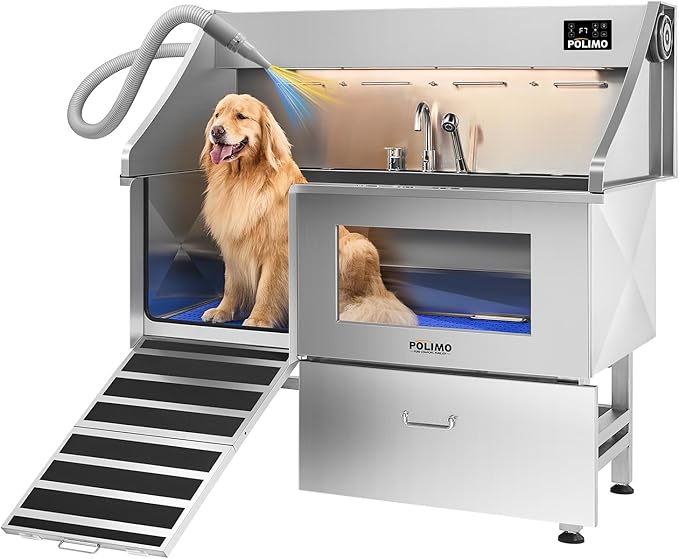 polimo Dog Wash Station with Pet Dryer &amp; LED, Professional Dog Bathing Station for Large, Medium &amp; Small Dogs – with Window, Ramp, Drawer, Floor Grate, LED Display &amp; Faucet (Left RAMP &amp; Dryer, 61")