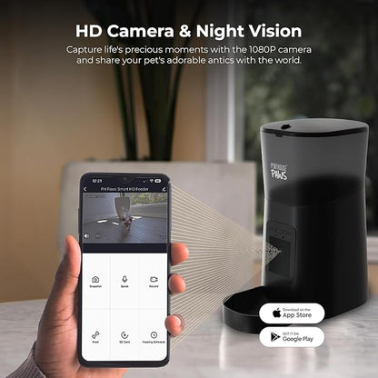 Smart HD Cat Feeder, 2 Way Audio + Voice Recording, Automatic Feeder for Dog with 1080p Night Vision Camera, WiFi App Controlled, Battery Backup, Anti Jam 6L Upto 15 Daily Meals, Black