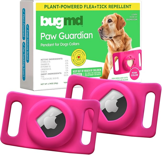 BugMD Paw Guardian Flea &amp; Tick Pendant (2-Pack) with AirTag Holder – Plant-Based Flea &amp; Tick Prevention for Dogs – Pet Collar Tag &amp; GPS Tracker Holder for Dogs – Pink