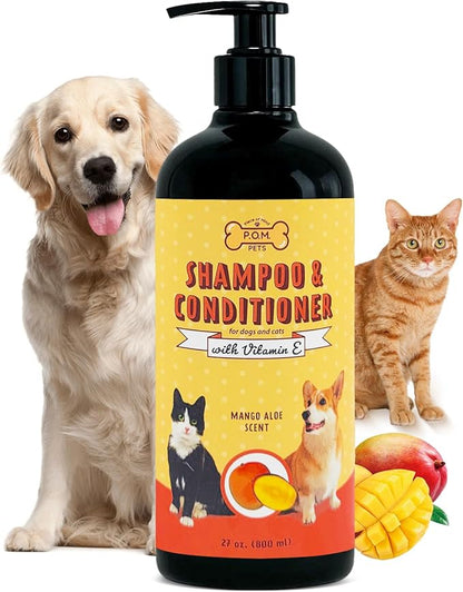 POM Pets 2-in-1 Organic Dog Shampoo &amp; Conditioner – Itchy Skin Relief, Dog Deshedding, Detangles Fur, Cat Shampoo, Paw Cleaner for Dogs, Natural Coat Defense Formula