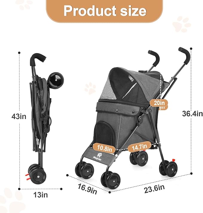 Wedyvko Travel Portable Dog Stroller, Pet Stroller for Small Puppy Dogs &amp; Cats, Up to 33 lbs, Dark Grey