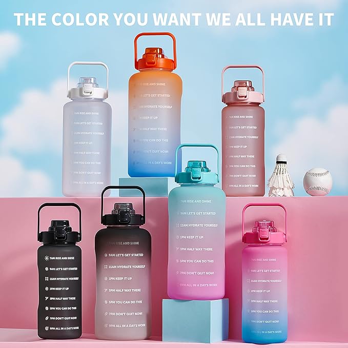 64oz,100oz,128oz Large Motivational Water Bottle with Time Marker, Leakproof &amp; BPA Free Half Gallon Big Water Bottle with Straw Handle Tritan Frosted Water Jug for Gym,Fitness,Outdoor Sports