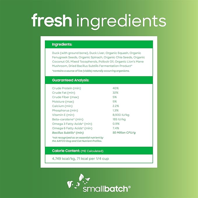 smallbatch Freeze Dried Dog Treats, Superfood Food Topper Duck Bites for Dogs &amp; Cats, Probiotics, Organic Ingredients, High Protein, Grain Free Healthy Treat or Food Topper, Made in The USA, 7 oz Bag