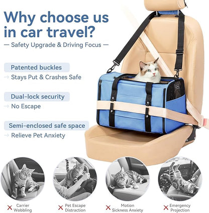 PETSFIT Soft-Sided Cat Carriers &amp; Car Seats with Patent Safe Buckles, Clip-On Harness，18"x11"x11" Airline Approved Pet Carrier - 9 lbs Capacity (Blue)