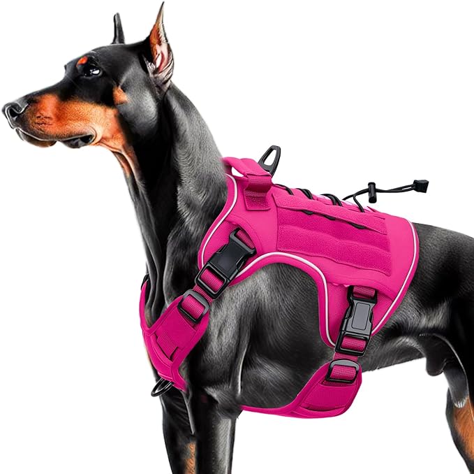 Heavy-Duty Tactical Dog Harness for Large Dogs, No Pull Adjustable Reflective Pet Vest with Molle System, K9 Military-Grade Control for Service Training, Outdoor &amp; 10+ Breeds, Hot Pink, Large