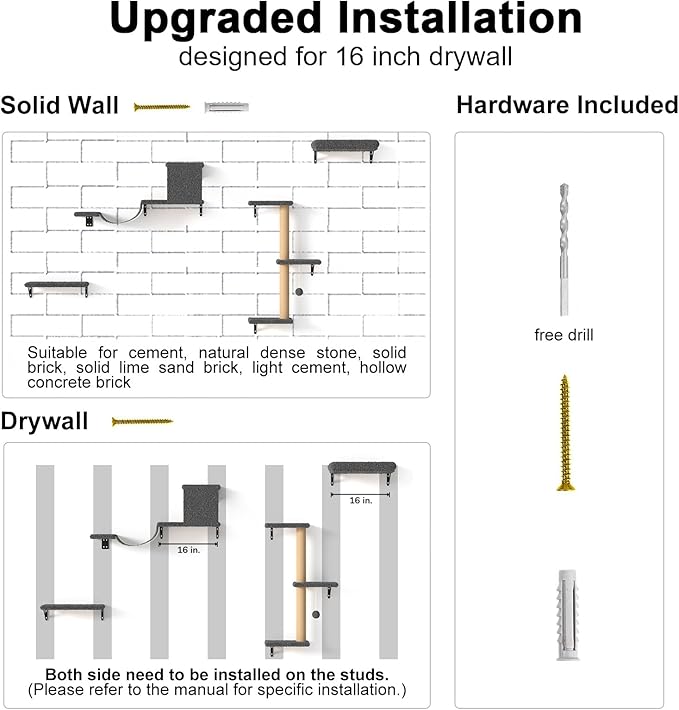FUKUMARU Cat Wall Shelves, Stable &amp; Safe 4 in 1 Cat Furniture Set, Wooden Climbing Wall with Scratching Post for 16 Inch Drywall - Gray