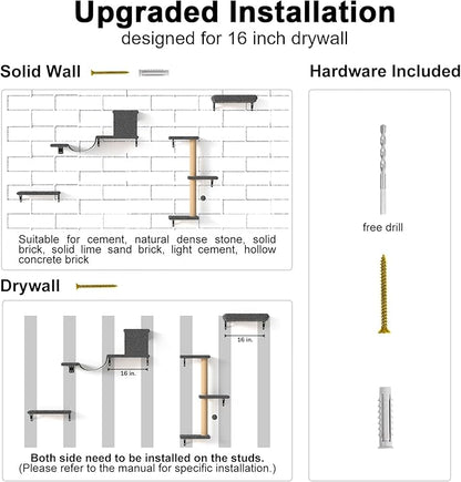 FUKUMARU Cat Wall Shelves, Stable &amp; Safe 4 in 1 Cat Furniture Set, Wooden Climbing Wall with Scratching Post for 16 Inch Drywall - Gray