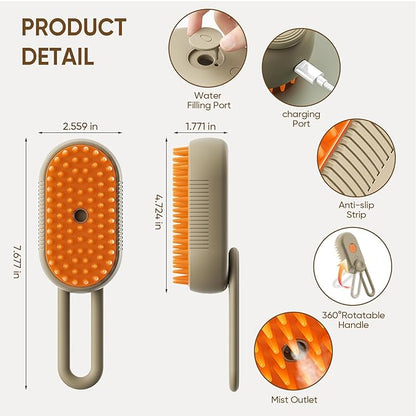 4-in-1 Cat Steam Brush for shedding–Self-Cleaning Comb for Long and Short Hair Cats and Dogs, Steam Pet Brush for Hair Removal, Vibrating Message, Grooming &amp; Relaxation (Khaki)