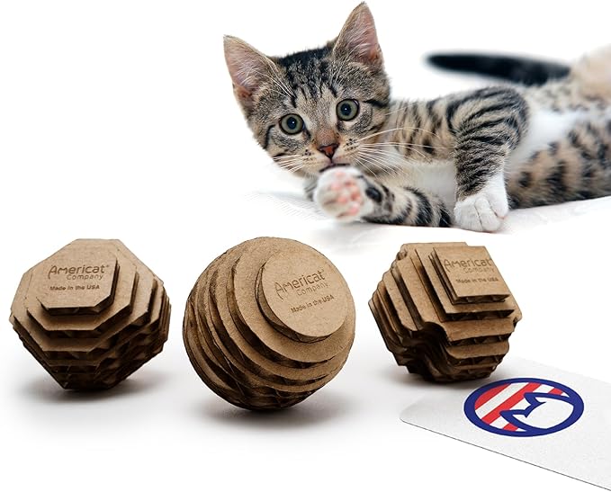Cat Ball Toys by Americat – Made in USA – Safe Cardboard Cat Toys – for Interactive and Independent Play, Exercise &amp; Stress Relief for All Breeds &amp; Ages (Variety Pack of 3 Balls)