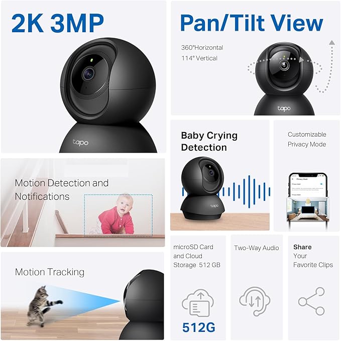 Tapo TP-Link 2K Pan/Tilt Indoor Security Camera for Baby Monitor, Pet Camera, Motion Detection &amp; Tracking, 2-Way Audio, Cloud &amp; SD Card Storage, Works w/Alexa &amp; Google Home, Black, C211(2-Pack)
