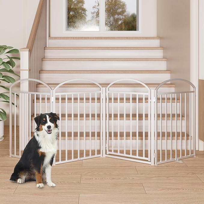 4 Panles Full Matel Freestanding Dog Gates with Door, 96"Extra Wide 32"Tall Free Standing Dog Pet Gate for Indoor &amp; Outdoor. Foldable Pet Fences for Doorways, House, Stairs, Porch, Deck, Yard