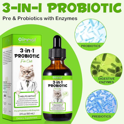 3-in-1 Probiotics for Cats(Pack of 2) with Digestive Enzymes &amp; Prebiotics – Supports Gut Health, Immune System &amp; Diarrhea Relief – 2 x 60ml for Cats of All Ages