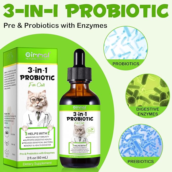 3-in-1 Probiotics for Cats with Digestive Enzymes &amp; Prebiotics – Supports Gut Health, Immune System &amp; Diarrhea Relief – 60ml for Cats of All Ages
