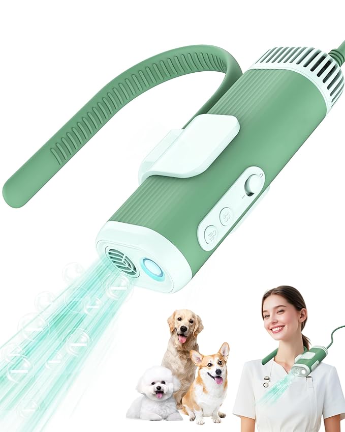 Hands-Free Dog Hair Dryer – Low Noise Pet Grooming Blower for Small &amp; Medium Dogs Cats, Fast Drying, Adjustable Heat &amp; Speed, Portable (Green)