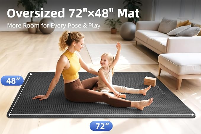 Extra Large Yoga Mat - 72"x35", 72"x48", 78"x57" - Wide TPE Exercise Mat for Home, Stretching, Couples &amp; Family Workouts - 6-12mm Thick, Non-Slip &amp; Waterproof - with Carry Bag and Straps