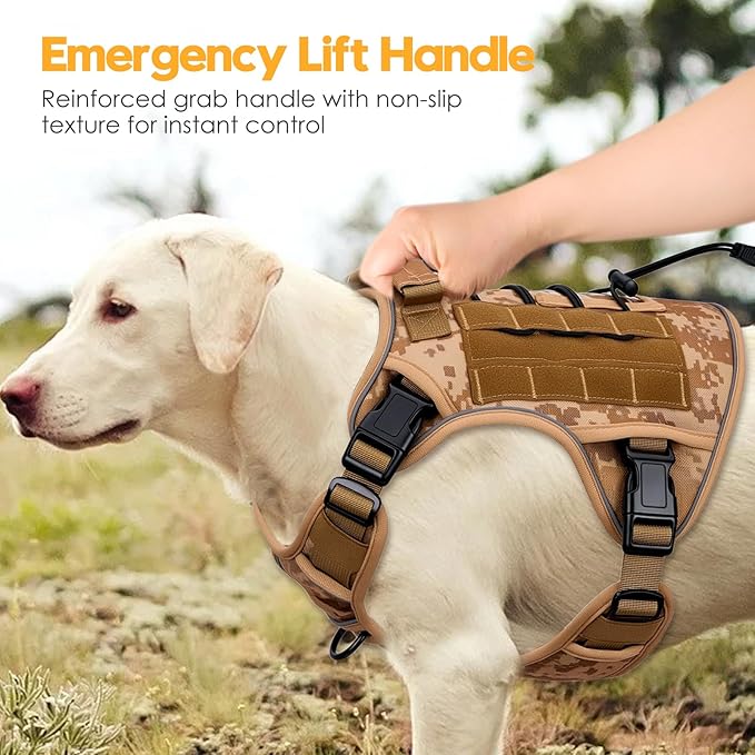 Heavy-Duty Tactical Dog Harness for Large Dogs, No Pull Adjustable Reflective Pet Vest with Molle System, K9 Military-Grade Control for Service Training, Outdoor &amp; 10+ Breeds, Khaki Camo, X-Large