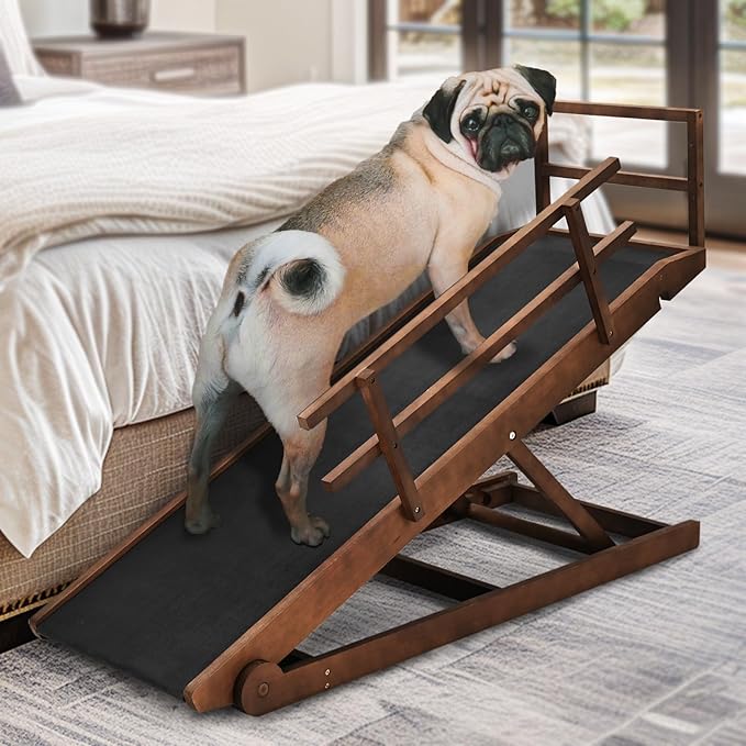 Dog Ramp, 5 Level Adjustable Wooden Folding Pet Ramp for Middle Bed, Couch,SUV-High Traction, Portable Paw Ramps for Small &amp; Large Old Dogs &amp; Cats - Furniture Quality