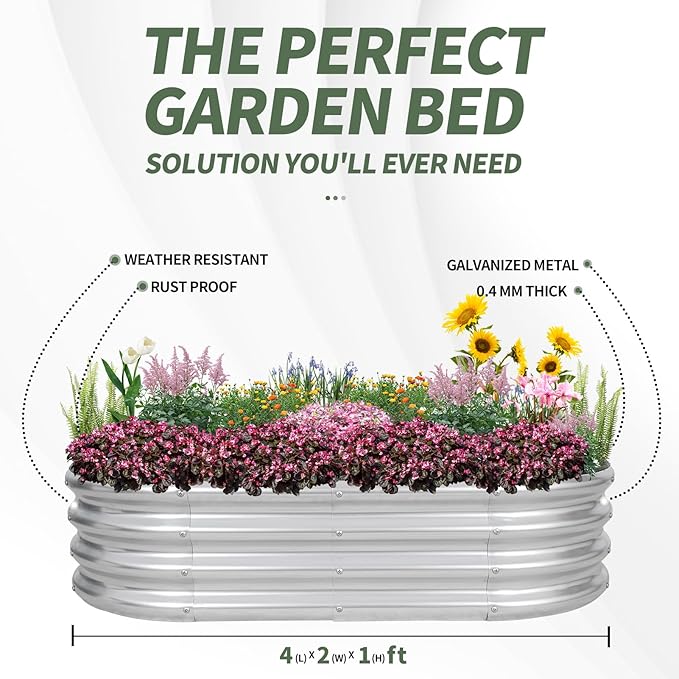 1MORE Galvanized Raised Garden Bed- Planter Garden Boxes Outdoor, Raised Beds for Gardening, 4x2x1ft Metal Garden Bed Kit for Vegetables Flower, Planter Raised Bed with Protective Tape &amp; Tools.Silver