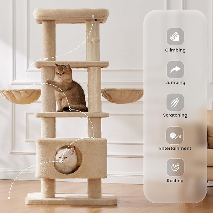 Gardner Pet 65in Heavy Duty Cat Tree Tower for Large Cats, Multi-Level Cat Furniture with Replaceable Sisal Scratching Post, Hammock | Extra-Large Platform &amp; Condo (Upgraded Beige)