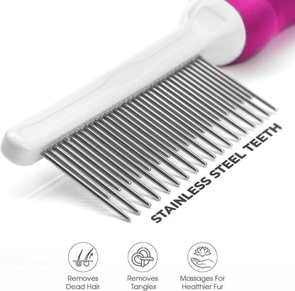 Poodle Pet Detangling Pet Comb with Long &amp; Short Stainless Steel Teeth for Removing Matted Fur, Knots &amp; Tangles – Detangler Tool Accessories for Safe &amp; Gentle DIY Dog &amp; Cat Grooming (Pink)