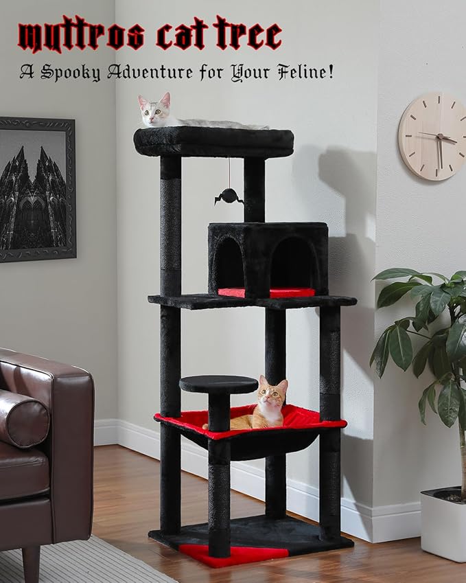 Gothic Cat Tree with Super Large Hammock, 56.3" Black Cat Tower with Coffin Bed, Cat Condo, Sisal Scratching Posts &amp; Top Perch, Multi-Level Goth Cat Tree, Halloween, Black