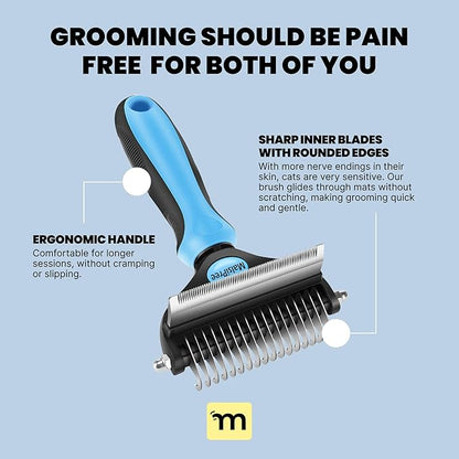 MalsiPree Cat Shedding Brush - 2 in 1 Deshedding Tool &amp; Undercoat Rake for Dense Double-Coats - Dematting Comb - Deshedding Brush for Cats - Pet Hair Removal Tool (Blue) - Dog Grooming Supplies