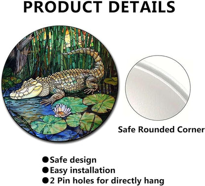 Lygond Metal Sign Tin Sign Circular Stained Glass Crocodile Tin Sign Gift for Garden 8×8 Inches